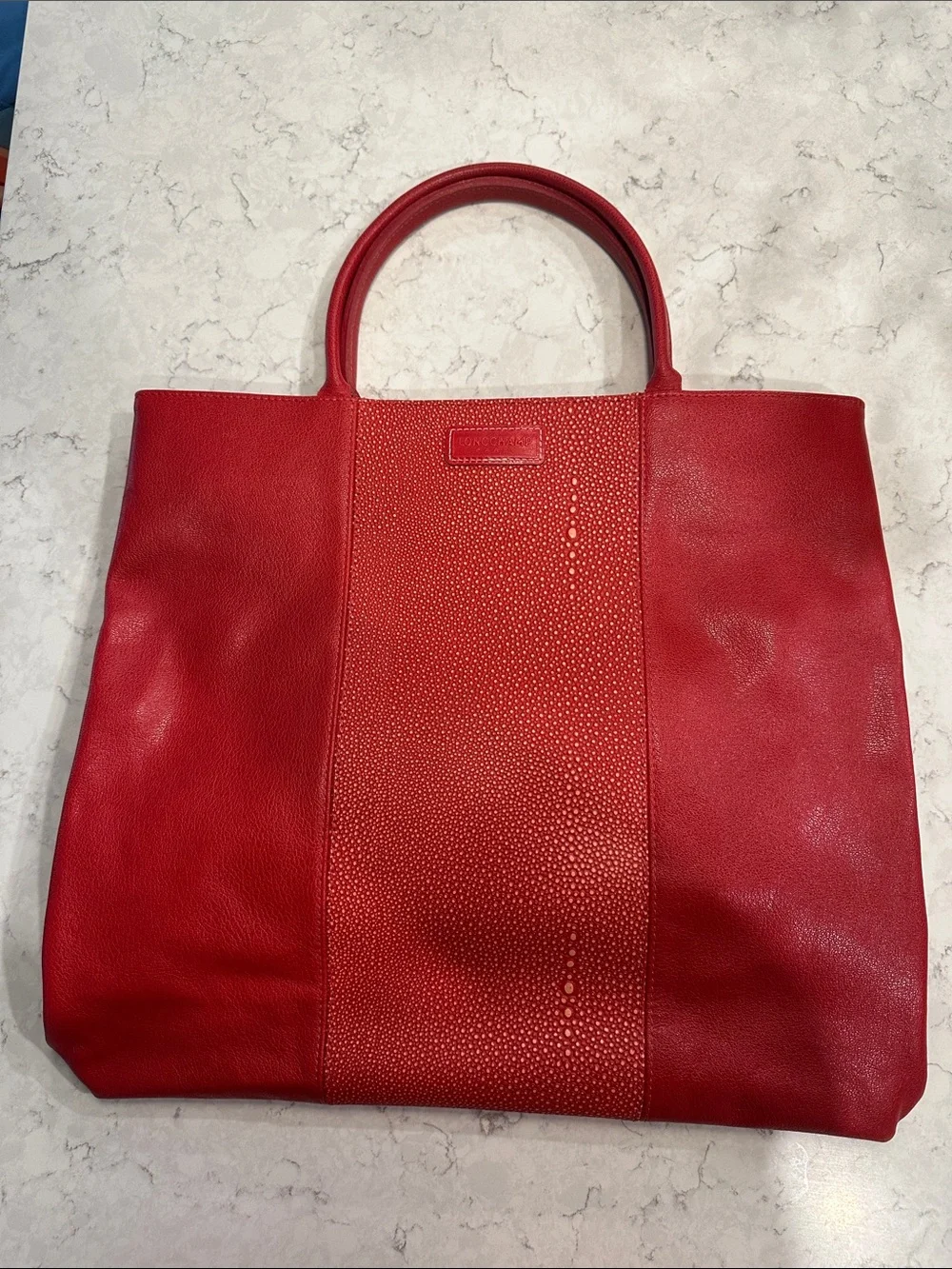 Longchamp Red Leather Tote with Textured Center Panel - Picture 1 of 13
